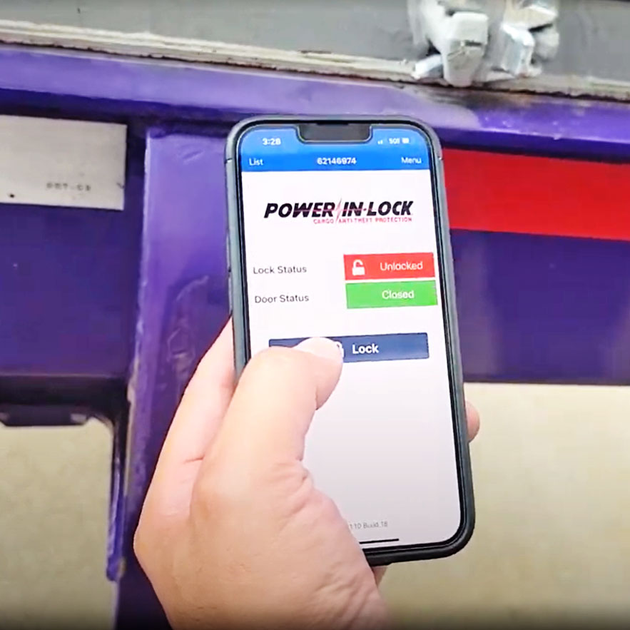 Power in-lock app screen showing locked or unlocked status and open or closed door status with a button to engage lock